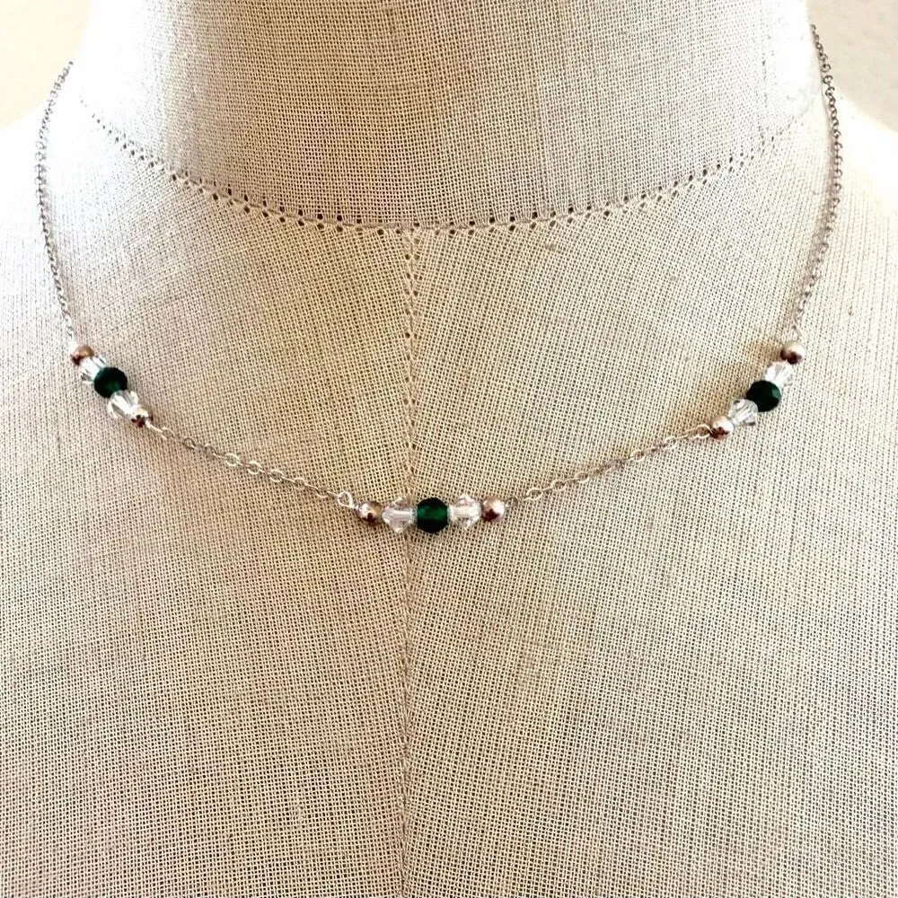 Vintage Sterling Silver Green Stone & Crystal Necklace Emerald Tone Beaded Neck